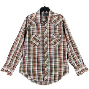 Vintage 1970s Western Shirt Mens M Maverick Brown Plaid Long‎ Tails USA Cowboy